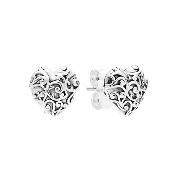 women girls vintage love heart stud earring real sterling sivler party jewelry original box set for pandora girlfriend gift earrings, Golden;silver
